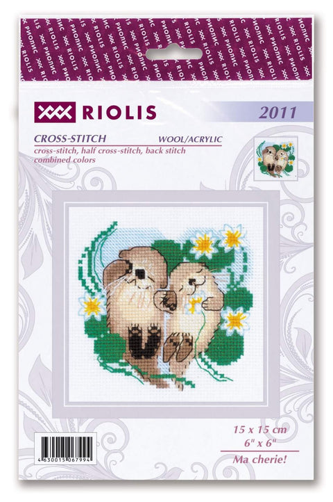 Kryželių rinkinys Riolis su ūdrų motyvu, komplektas vilna/akrilo, pakuotėje siūlai ir schema 15×15 cm
