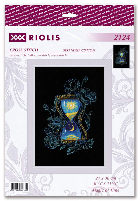 Kryželių siuvinėjimo rinkinys Riolis, 21×30 cm juodo audinio su smėlio laikrodžio motyvu — diena ir naktis