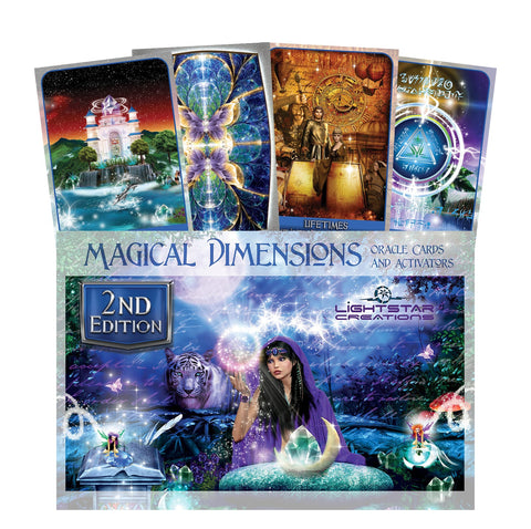 Magical Dimensions oracle kortos (Lightstar Creations, 2‑os leid.) – pakuotės priekinė dalis su iliustruotais kortų pavyzdžiais ir moters bei tigro scena