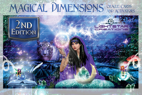 orakulo kortos Magical Dimensions (Lightstar Creations, 2nd Edition) su violetine gobtove, kristalais ir baltuoju tigru