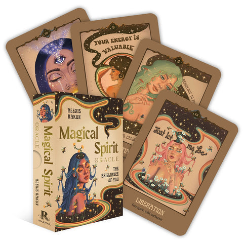 Oracle kortos Magical Spirit komplektas su dėklu ir keliomis atverčiamos retro iliustracijos kortomis, spalvingas išdėstymas