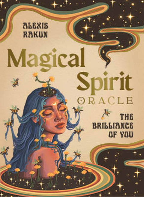 Magical Spirit oracle kortos, Alexis Rakun iliustruotas viršelis su melsvais plaukais, geltonomis gėlėmis ir šviečiančiomis žvaigždėmis