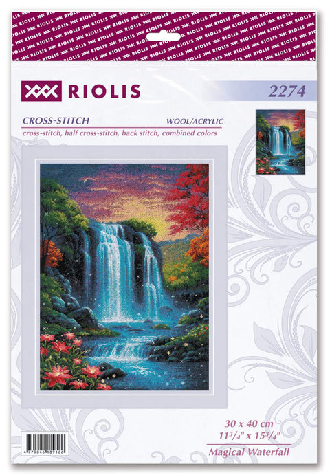 Siuvinėjimo rinkinys Riolis 'Magical Waterfall' 30 x 40 cm – spalvingas krioklys su rudens medžiais ir žydinčiomis gėlėmis