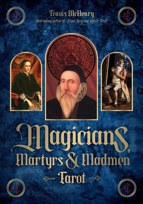 Tarot kortos Travis McHenry leidimas — mėlynas viršelis su centriniu XVI a. mago portretu ir dviem šoninėmis scenomis