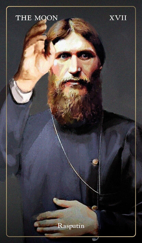 Tarot korta Rasputin, vertikali su tamsiai pilku fonu ir auksine rėmele, portretas nuo liemens iki viršugalvio