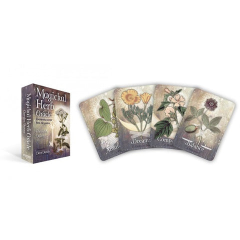 Magical Herb Oracle kortos: komplektas su dekoratyvia dėžute ir penkiomis atverstomis kortomis su žolelių iliustracijomis