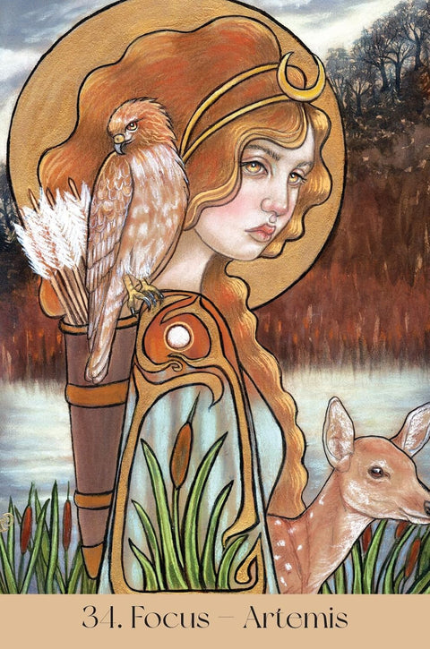 Plakatas Artemis, auksiniai-rudų atspalvių 30×45 cm meno atspaudas, portretinis kampas su vanagu ir elniu, numeris 34