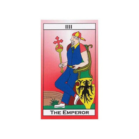 Tarot korta Imperatorius, raudonas fonas, sėdintis valdovas mėlyname kostiume laiko skeptrą ir skydą su ereliu, vienos kortos priekinė pusė