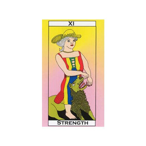 tarot korta Stiprybė, Rider–Waite spalvota versija su skrybėlę dėvinčia moterimi, raminančia liūtą, standartinis dydis