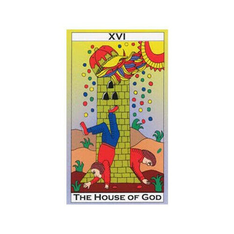 Tarot korta Bokštas (XVI), ryškios spalvos ir geltonas fonas, du krentantys žmonės ir sugriuvęs bokštas
