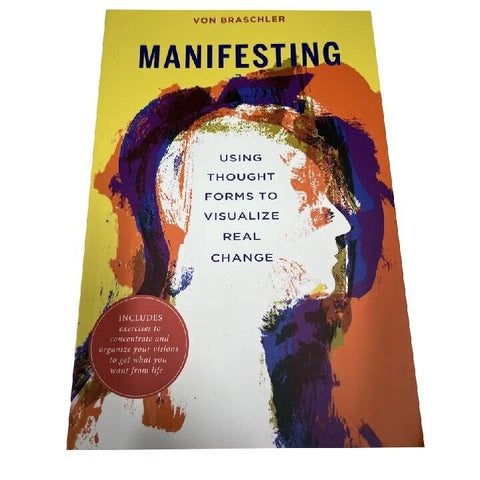 Knyga Manifesting (Von Braschler) ryškiai geltonu‑oranžiniu viršeliu, priekinis dangtis su abstrakčiu žmogaus profiliu ir tekstu