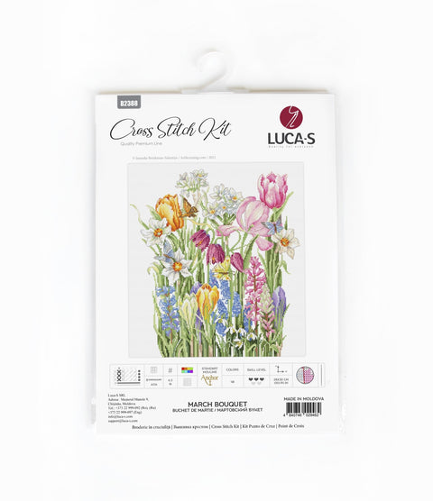 Kryželių rinkinys LUCA‑S March Bouquet su spalvotu pavasario gėlių raštu pakuotės priekyje ir aiškia siuvinėjimo dizaino peržiūra