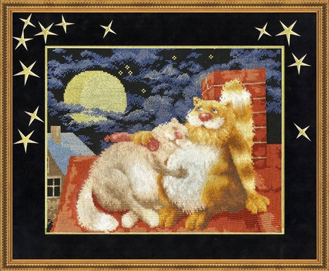 Siuvinėjimo rinkinys su rėmu, du katinai ant stogo po mėnule, sodrios geltonos ir pilkos spalvos, 40×30 cm