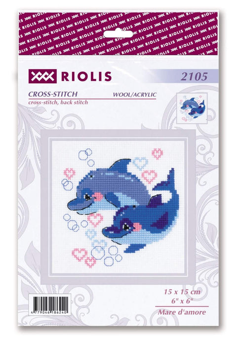 Kryželių rinkinys Riolis: mėlyni delfinai, 15×15 cm dizainas su burbulais ir rožiniais širdelėmis