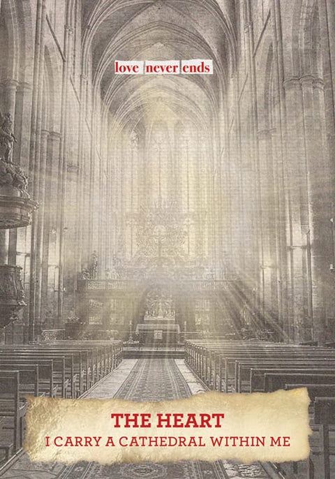 knygos viršelis, smėlio rudos katedros interjeras su saulės spinduliais, raudonu pavadinimu THE HEART ir apatine eilute I CARRY A CATHEDRAL WITHIN ME