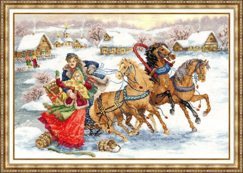 Kryželių rinkinys „Žiemos troika“, pilnas baigtas variantas 40×30 cm su auksine rėmine, sodrūs žiemos atspalviai
