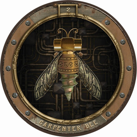 sieninė dekoracija bronzinio atspalvio steampunk „Carpenter Bee“ medalis su reljefinėmis sparnais ir pramoninio vamzdžių fono detalėmis