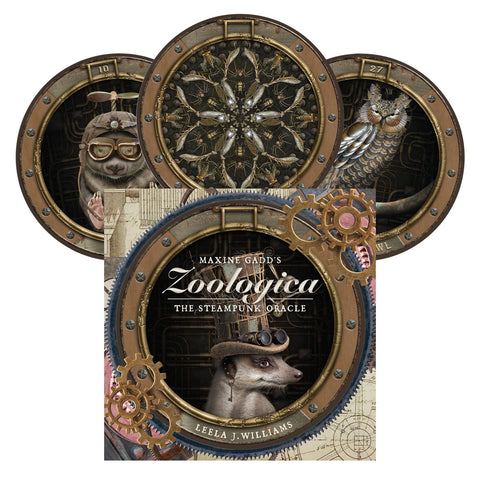 Orakulo kortos Zoologica – dėžutės viršelis ir trijų apvalių kortų pavyzdžiai su steampunk stiliaus gyvūnų iliustracijomis