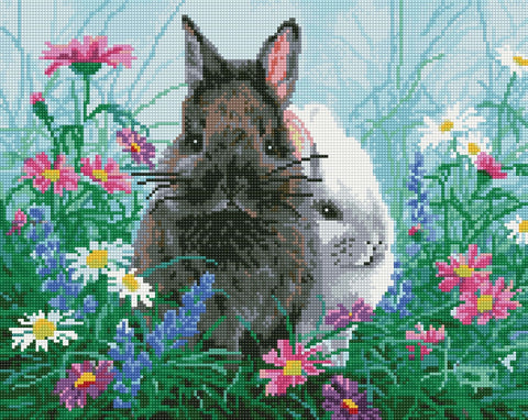 Diamond painting rinkinys: artimi juodo ir balto triušių portretai pievėlėje su rožiniais ir mėlynais žiedais