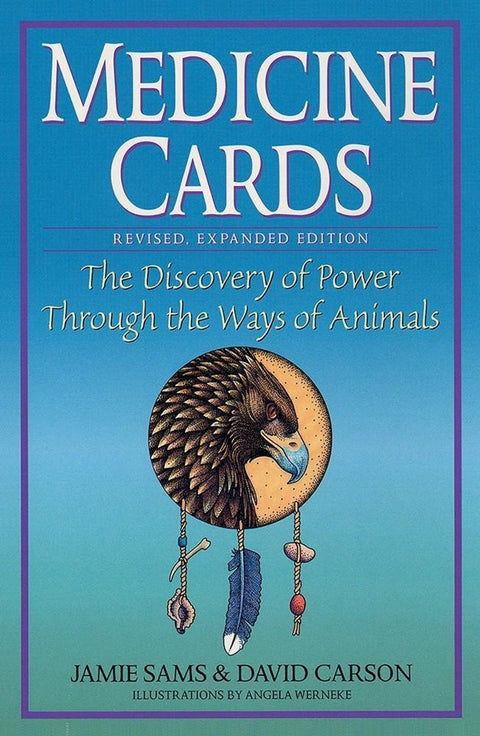Knyga Medicine Cards, mėlynas viršelis su erelio ir svajonių gaudyklės iliustracija, autoriai Jamie Sams ir David Carson