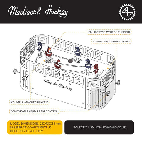 Stalo žaidimas Medieval Hockey, metalinis mini modelis 230×130×85 mm su 6 spalvotais žaidėjais ir valdymo rankenėlėmis; scheminis komponentų išdėstymas