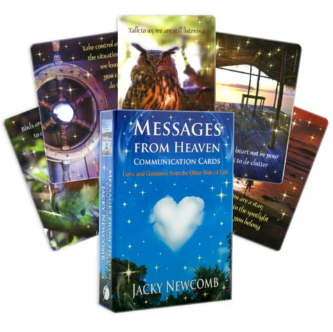 Messages from Heaven kortos — Jacky Newcomb bendravimo kortų dėžutė su išskleistomis spalvotomis patarimų kortelėmis
