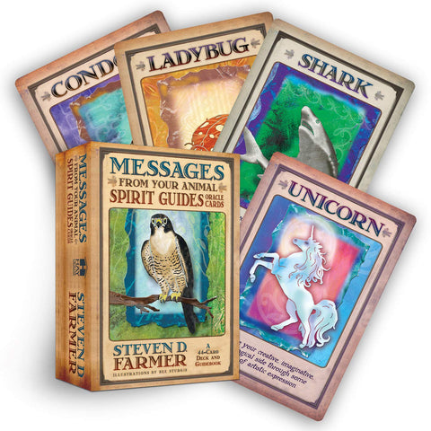 Orakulo kortos Messages from Your Animal Spirit Guides – 44 kortų dėžutė su pavyzdinėmis kortomis (unikornas, ryklys, boružė)