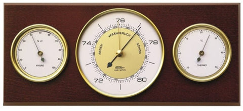 Barometras su auksiniu ciferblatu ir šoninėmis termometro ir higrometro skalėmis tamsios medienos plokštėje