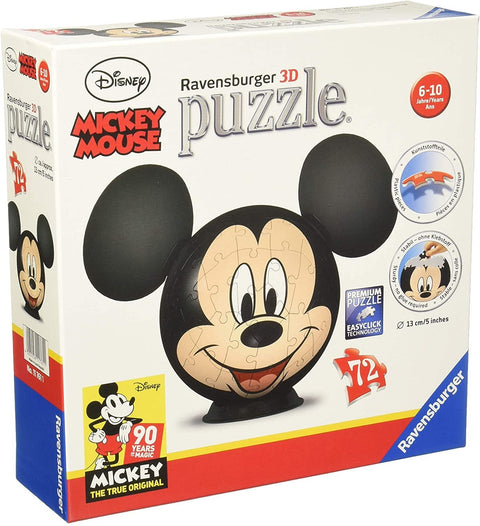 3D dėlionė Ravensburger Mickey Mouse, 72 dalių kamuolio formos galva juodos ir odos spalvos, komplekte stovelis ir 13 cm pakuotė