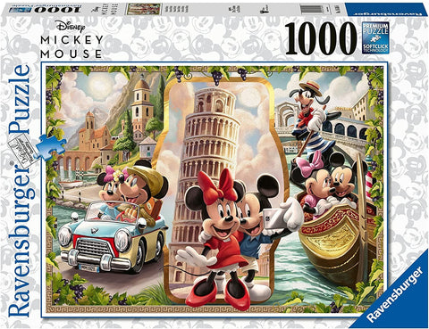 Dėlionė Ravensburger 1000 dalių su Mickey ir Minnie turistų scena Italijoje: Pizos bokštas, gondola ir automobilis