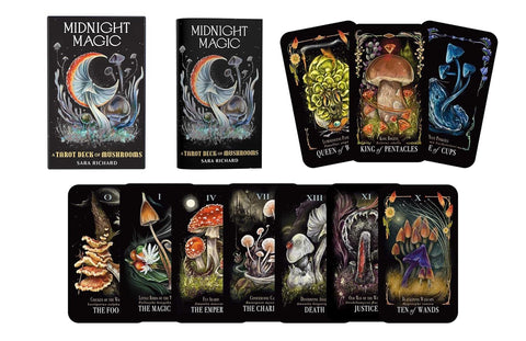tarot kortos Midnight Magic su juodu dėklu ir ryškiomis iliustracijomis – pakuotė ir keli grybų tematikos pavyzdiniai kortų variantai