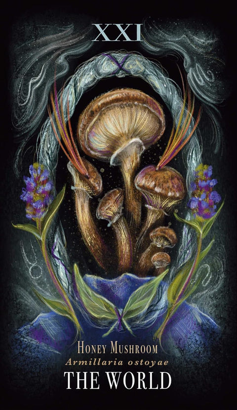 tarot korta The World su Honey Mushroom Armillaria ostoyae iliustracija — rudi grybai ir violetinės gėlės