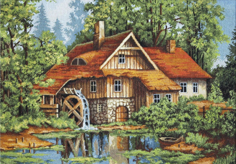 kryželių rinkinys su kaimišku malūnu, rudais stogais, besisukančiu vandens ratu ir tvenkinio atspindžiu, 40×60 cm