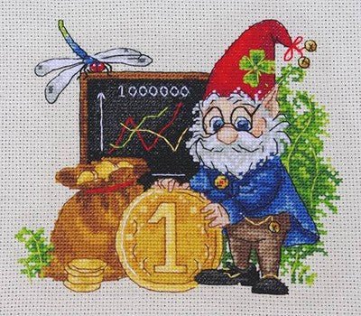 kryželių rinkinys su nykštuku ir auksine moneta ant pilkos drobės, detalus priekinis motyvas su grafiku