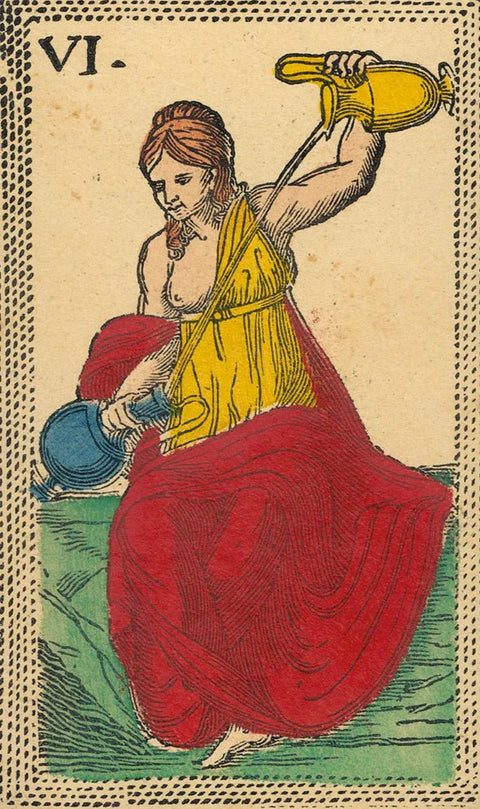 tarot korta VI, antikinis rankų pieštas dizainas su geltona ir raudona figūra pilstančia ąsotį, priekinis kampas detaliems simboliams