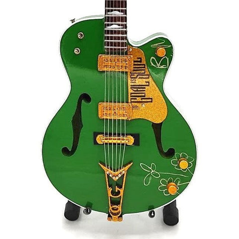 Elektrinė gitara žalia su auksinėmis detalėmis, pusiau tuščiavidurio korpuso priekinis vaizdas, gėlių dekoracijos