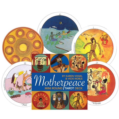 Motherpeace mini apvalus tarot kortų rinkinys su spalvotu viršeliu ir keliomis apvaliais kortų pavyzdžiais