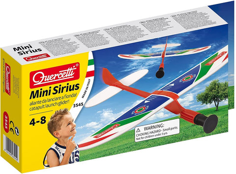 Mini Sirius skraidyklė pakuotėje, raudona‑mėlyna katapultinė paleidimo rankena ir sparnai, skirta 4–8 metų vaikams