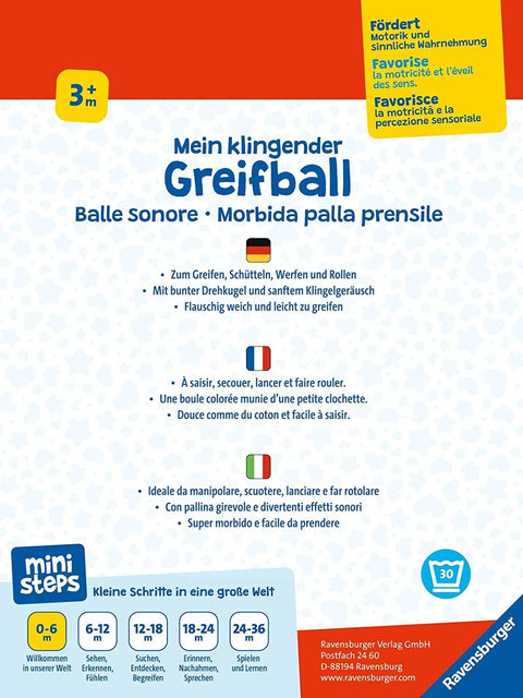Griebimo kamuoliukas mini steps Ravensburger, rausvai‑mėlynas, minkštas su žvangučiu; pakuotės priekinis dizainas su kelių kalbų aprašymais