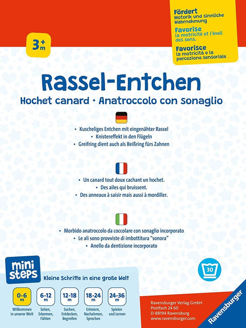 Barškutis ančiukė Ravensburger geltonas minkštas žaislas su barškalu ir kandikliu, pakuotės nugarėlė nurodo amžių 3+ mėn.