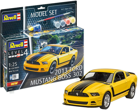 Ford Mustang Boss 302 modelis 1:25 geltonas su juodomis juostomis, parodyta dėžutė su dažais ir teptuku