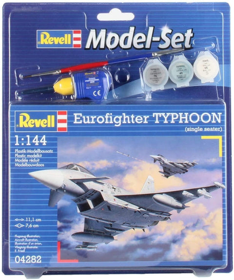 Eurofighter TYPHOON modelis Revell 1:144 vienvietis, komplekte trys dažų indeliai, teptukas ir klijai, pakuotės priekyje