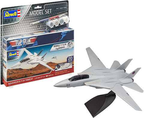 F-14 Tomcat modelis Revell, pilkas 1:72 surinktas ant stovėklo, prie jo matyti dėžutė su dažais ir teptuku