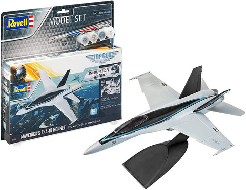F/A-18 Hornet modelis Revell 1:72 pilkai juodas, parodytas surinktas ant stovelio kartu su originalia dėže ir dažais