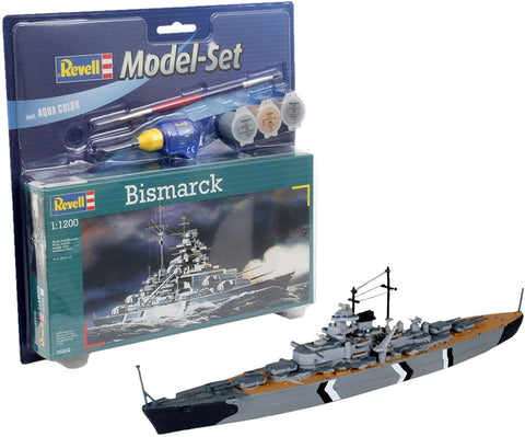 Bismarck modelis Revell 1:1200 komplektas su aqua dažais ir teptuku, surinktas ir nudažytas pilkai su juodai‑baltu kamufliažu