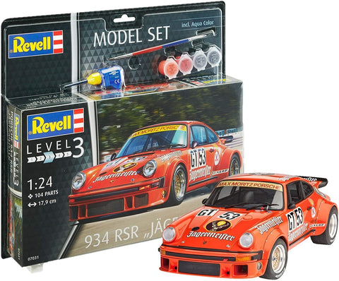 Porsche 934 RSR modelis 1:24 raudonas lenktyninis komplektas su dėže, teptuku ir keliomis mažomis akrilinėmis dažų pastilėmis