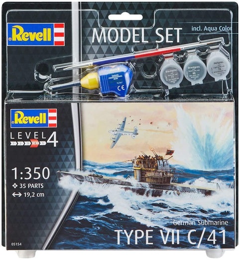 povandeninio laivo modelis Type VII C/41 Revell 1:350, Level 4, 35 detalių, 19,2 cm, komplekte mažos dažų tūbelės ir teptukas