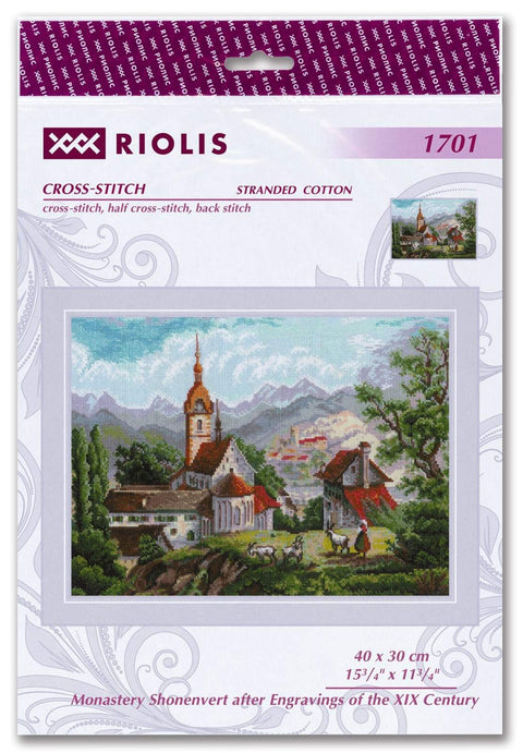 Kryželių rinkinys Riolis 40×30 cm, komplekte medvilninės siūlės; bažnytinis kalnų kaimo peizažas su piemeniu ir ožkomis