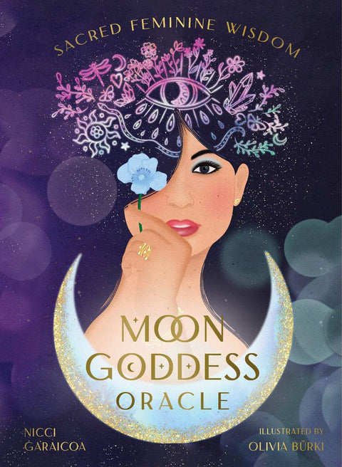 Moon Goddess Oracle kortų rinkinys — violetinis viršelis su moters portretu, mėlyna gėle, iliustruota auksine pusmėnule ir dangiškais simboliais