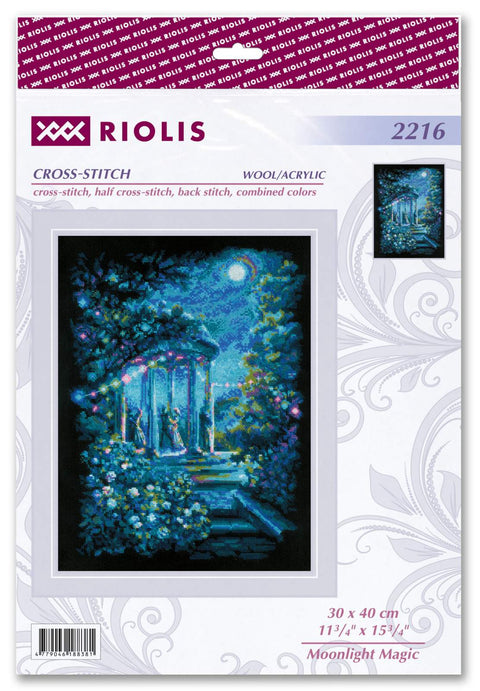 Siuvinėjimo rinkinys Riolis Moonlight Magic, mėlynas mėnulio šviesos pavėsinės motyvas, 30×40 cm, pakuotės priekinis dizainas
